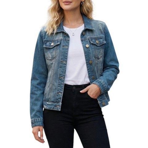 Женские куртки INSPIRE CHIC Women's Jean Casual Long Sleeve Washed Button Up Denim Jackets Blue Large