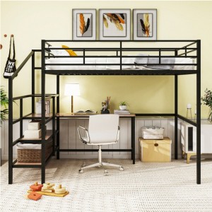Full Size Metal Loft Bed with Desk and Lateral Storage Ladder, Black - 1 of 4
