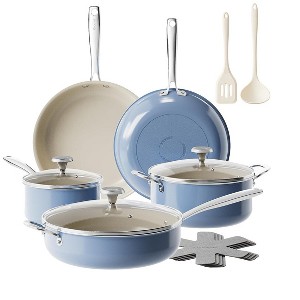 Itopfox 14-Piece Ceramic Nonstick Cookware Set with Stainless Steel Handles, Induction Compatible, Oven & Dishwasher Safe, PFAS PFOA PTFE Free (Blue) - 1 of 4