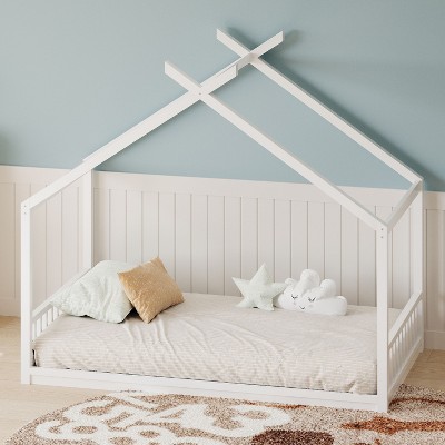 Okak Montessori House Floor Bed Twin/Full Size,Solid Wood Bed Frame with Safety Rails & Headboard, Low-Profile Kids Bed,Slat Not Required