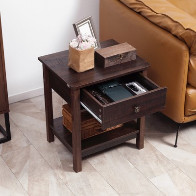 Dark Brown Wood End Table with Drawer and Shelf