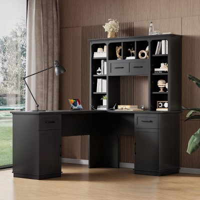 L-Shaped Computer Desk with Hutch, Power Outlet, Cabinets, Drawers and Open Shelves, MDF Home Office Desk for Study, Workstation - Cuddlewood