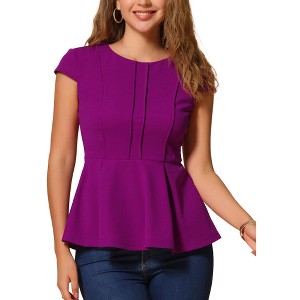 INSPIRE CHIC Women's Elegant Round Neck Cap Sleeve Solid Color Peplum Blouses - 1 of 4