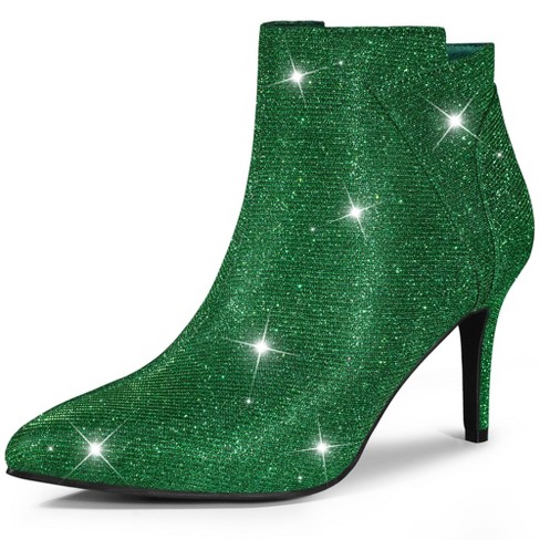 Theshy Women's Stiletto High Heel Ankle Boots with Tassel Pointy Toe Studded Zipper Short Booties Heels Dress Shoes, Size: 5, Green