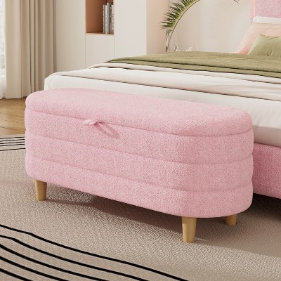 Elegant Velvet Upholstered Storage Ottoman Bench with Wood Legs, Bedroom or Living Room Storage Seat, White/Pink - ModernLuxe