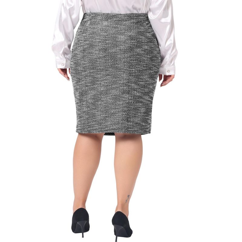 Agnes Orinda Women's Plus Size Tweed High Waisted Back Stretchy Knee Length Pockets Office Pencil Skirts, 4 of 6