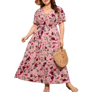 YESFASHION Women Plus Size Wrap Dress High Waist Short Sleeve Ruffle Casual Summer Maxi Dresses with Belt - 1 of 4