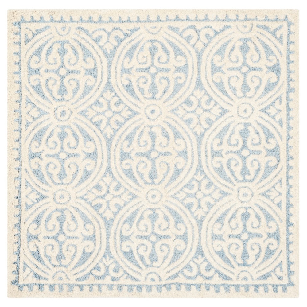  Square Light Blue/Ivory Geometric Tufted Accent Rug