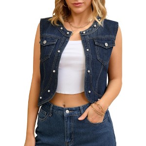 INSPIRE CHIC Women's Cropped Denim Cardigan Sleeveless Decor Pearl Jean Jacket - 1 of 4