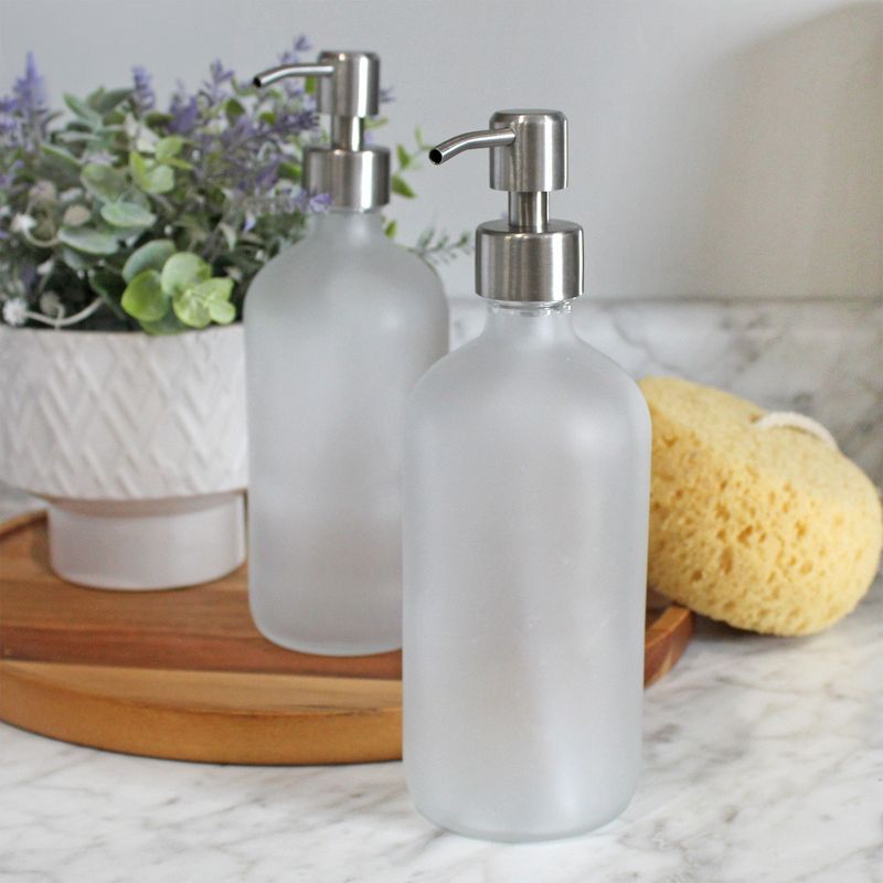 Cornucopia Brands 16oz Frosted Glass Soap Dispenser w/Stainless Steel Pumps. 2pk; Bottles w/Lotion Pump Tops and Caps, 2 of 9
