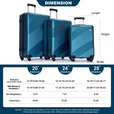 Vynxaria 3-Piece Dark Blue PC+ABS Lightweight Luggage Set 20/24/28" with Two Hooks Spinner Wheels