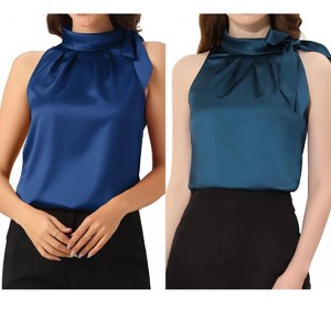 INSPIRE CHIC Women's Elegant Satin Sleeveless Bow Tie Mock Neck Solid Work Blouse 2 Packs - 1 of 4