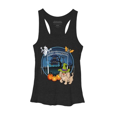 Women's Design By Humans Puppy Dog Witch Hat Halloween Ghost By Fractals Racerback Tank Top
