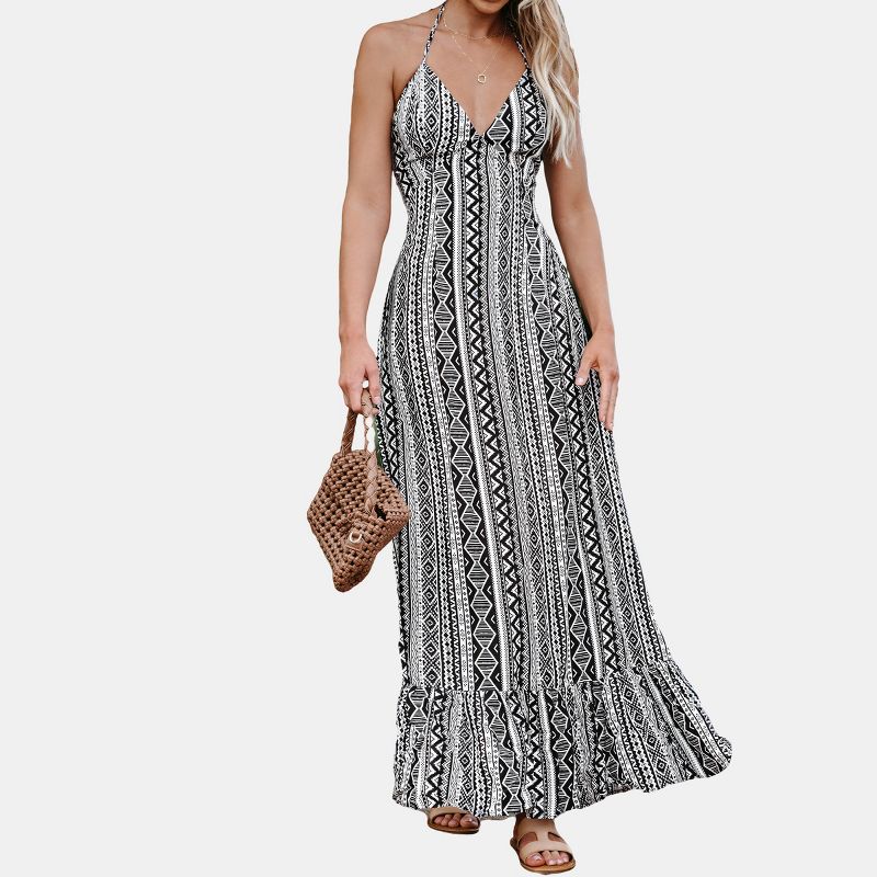 Women's Black-and-White Halter Flounce Maxi Dress - Cupshe, 1 of 9