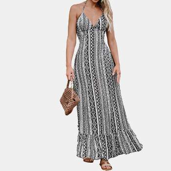 Women's Black-and-White Halter Flounce Maxi Dress - Cupshe