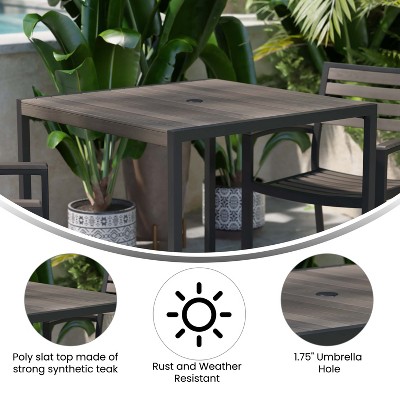 Gray Wash Teak Square Outdoor Dining Table with Steel Frame