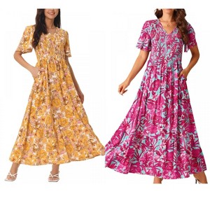 Seta T Women's Floral Short Flutter Sleeve V Neck Smocked High Waist Flowy Maxi Dress 2 Packs - 1 of 4