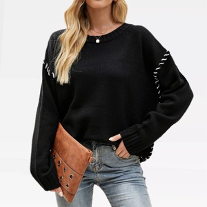 Womens Chunky Sweater Crew Neck Long Sleeve Oversized Pullover Sweater Color Block Seam Knitwear Winter Warm Sweater Knit Tops - 1 of 4