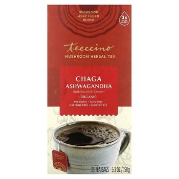 Teeccino Organic Mushroom Herbal Tea, Chaga Ashwagandha, Butterscotch Cream, Caffeine Free, 25 Tea Bags, 5.3 oz (150 g)