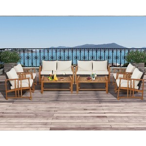 Costway 8PCS Patio Mix Brown Wicker Sofa Set Acacia Wood Frame with Seat & Back Cushions - 1 of 4