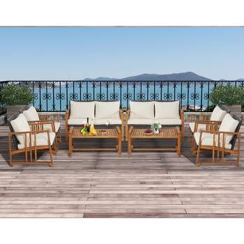 Costway 8PCS Patio Mix Brown Wicker Sofa Set Acacia Wood Frame with Seat & Back Cushions