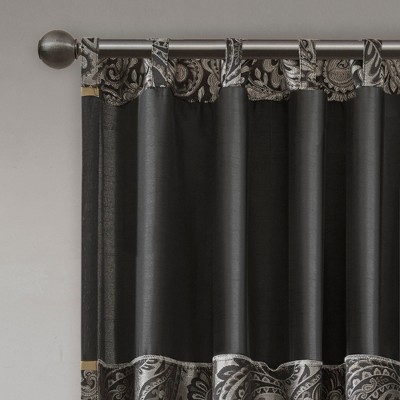 Black Faux Silk Jacquard Light-Filtering Curtain Panel Pair