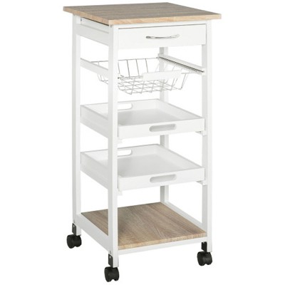 Boersma Mobile Kitchen Cart, Rolling Kitchen Island with Storage, Solid Wood Frame Utility Cart with Wire Fruit Baskets, Trays and Drawer, White