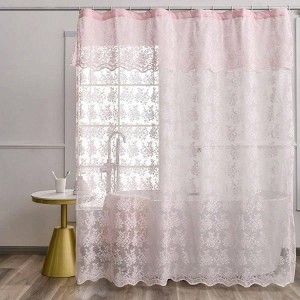Vintage Floral Lace Shower Curtain with Attached Valance, Farmhouse Shabby Chic Bath Curtain, 72x72 Inch, Scalloped Edge - 1 of 4