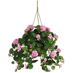 Nearly Natural Geranium Hanging Basket Artificial Plant, Pink - 1 of 3
