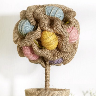 Lakeside Rustic Fabric and Burlap Easter Egg Topiary Decoration - Indoor Holiday Accent