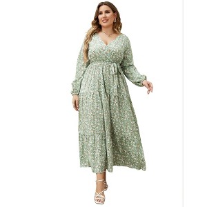 Clearlove Women's Plus Size V-Neck Long Sleeves A-Line Pleated Floor Length Formal Dress - 1 of 4