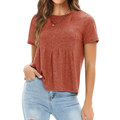 EXLURA Womens Summer Cute Crop Tops Short Sleeve Pleated T-shirts Crewneck Blouse