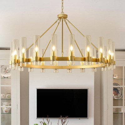 PAKOKULA 49.2 in. 20-Light Gold Wagon Wheel Chandelier with Clear Glass Shades, Modern Dimmable Fixture for Dining Room