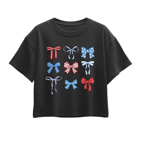 Instant Message Girls' Instant Message Americana Bows Short Sleeve Boxy Graphic T-Shirt - Black - Medium