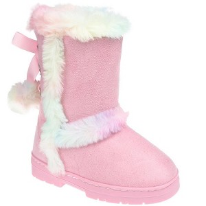 Bebe Girl's Stylish and Cozy Microsuede Winter Boots with Sparkling Rhinestone Grommets and Playful Pom Pom Accents - 1 of 4