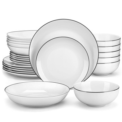 vancasso 24 Piece White With Black Rim Porcelain Round Dinnerware Set With 6 Piece Dinner/Dessert/Soup Plate and Bowl