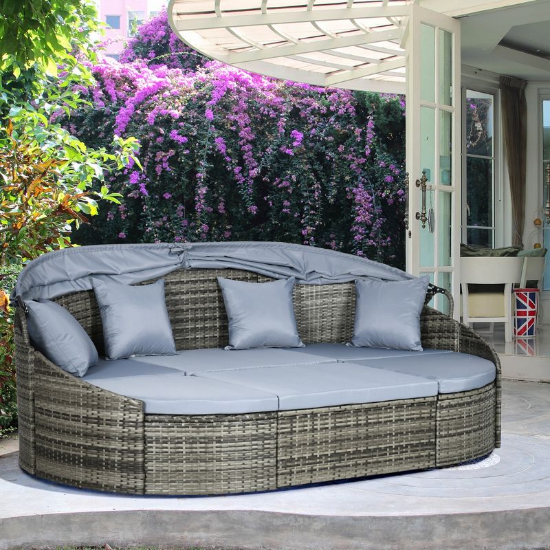 Outsunny Outdoor Round Daybed 4 Pieces Wicker Outdoor Rattan Sofa with Canopy, Cushions, Pillows Patio Bed Sets for Garden Backyard, 3 of 8