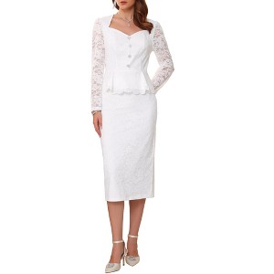INSPIRE CHIC Women's Lace Formal Sweetheart Neck Long Sleeve Peplum Waist Button Decor Elegant Cocktail Midi Skirt Sets - 1 of 4