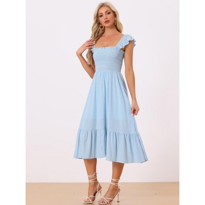 Женские платья INSPIRE CHIC Women's Boho Square Neck Ruffle Trim Flowy Smocked Midi Sundresses Large Light Blue — фото 4