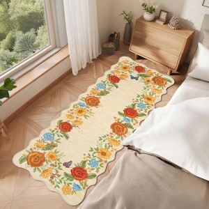 Vintage Floral Scalloped Area Rug Machine Washable Rug Stain Resistant Easy Cleaning Carpet Non Slip Soft Low Pile Folding Floor Cover For Home - 1 of 4