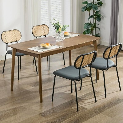 TYBOATLE Dining Chairs Set of 2, Mid-Century Modern Rattan Back Chairs with Black Faux Leather, Metal Legs, Boho Cane Chairs for Dining Room