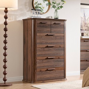 ORRD 45.6” Tall 6-Drawer Dresser, Modern Fluted Chest for Small Spaces, Curved Profile Wood Storage Cabinet with Anti-Tip, for Bedroom Entryway，Walnut - 1 of 4
