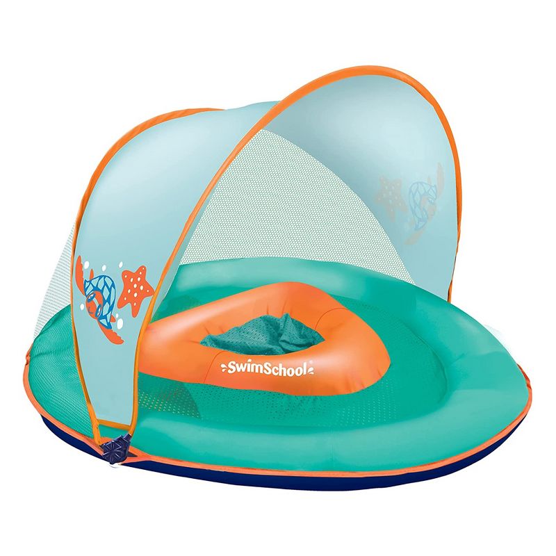 Aqua Leisure Inflatable Pool Lounger with Detachable Canopy, Blue, and SwimSchool Baby Boat Mesh Float with Detachable Extra Large Canopy, Orange, 3 of 7