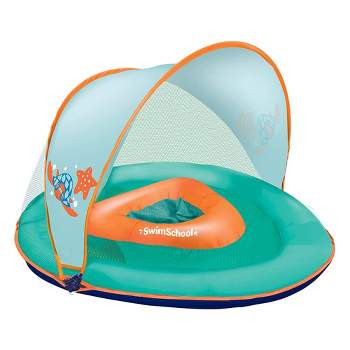 SwimSchool Baby Boat Splash and Play Float with Adjustable Safety Seat, Dual Air Pillow Chambers, and Sun Shade Canopy, Orange