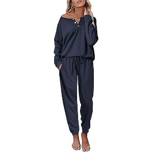 Ekouaer Pajamas Women's Waffle Knit Sleepwear Long Sleeve Top with Pants Casual Pjs Loungewear - 1 of 4