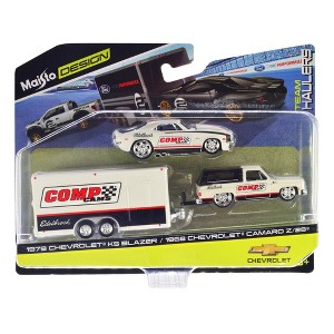 1979 Chevrolet K5 Blazer White and Black and 1968 Camaro Z/28 White w/Stripes w/Trailer 1/64 Diecast Model Car by Maisto - 1 of 3
