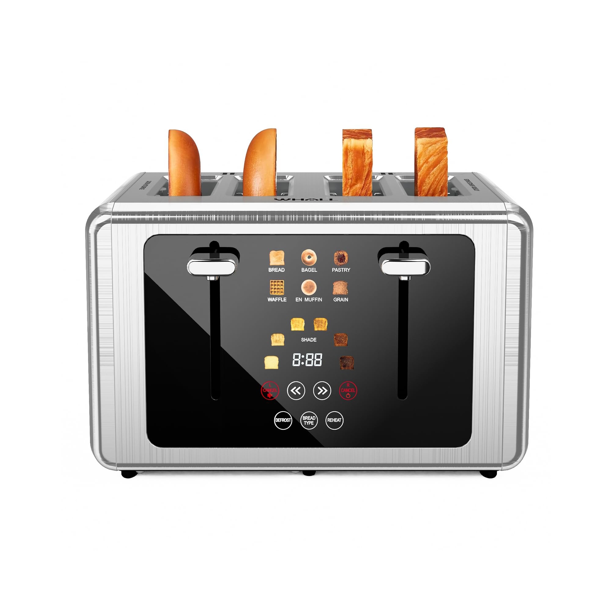 WHALL Smart Touchscreen 4-Slice Toaster – Stainless Steel, 6 Shade Settings, Extra Wide Bagel Slots with Defrost & Cancel Functions