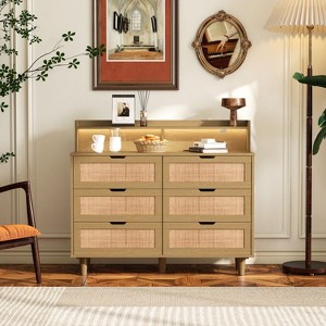 6-Drawers Rattan Storage Cabinet with LED Lights and Power Outlet, Decorative Storage Cabinet for Bedroom and Living Room - The Pop Home - 1 of 4