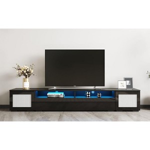 CAVINAS Rattan Style TV Stand Entertainment Center with Push to Open Doors Media Console with LED Lights for TVs Up to 90", Black - 1 of 4