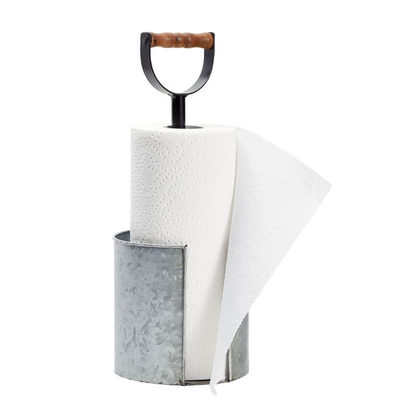 Farmlyn Creek Kitchen Paper Towel Holder for Countertop with Wooden Handle, Galvanized Farmhouse Decor, 6 x 16 In, 1 of 9